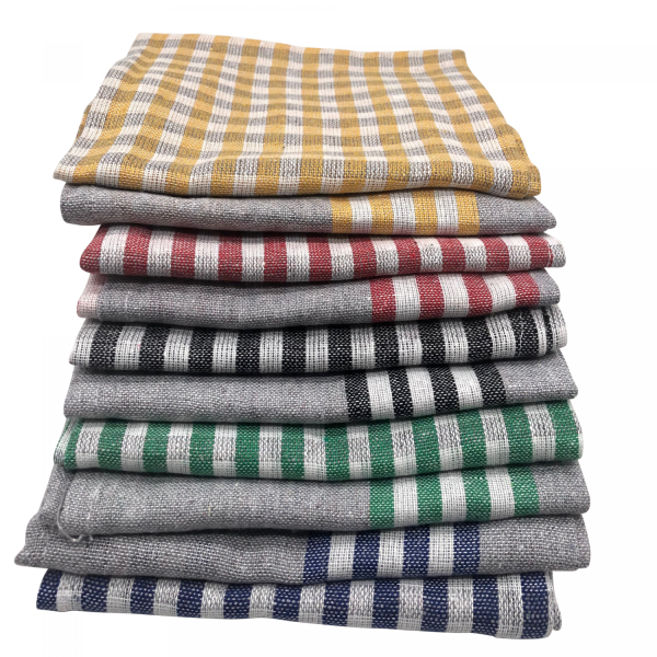 Een set van drie katoenen keukendoeken in blauw en wit gestreept patroon